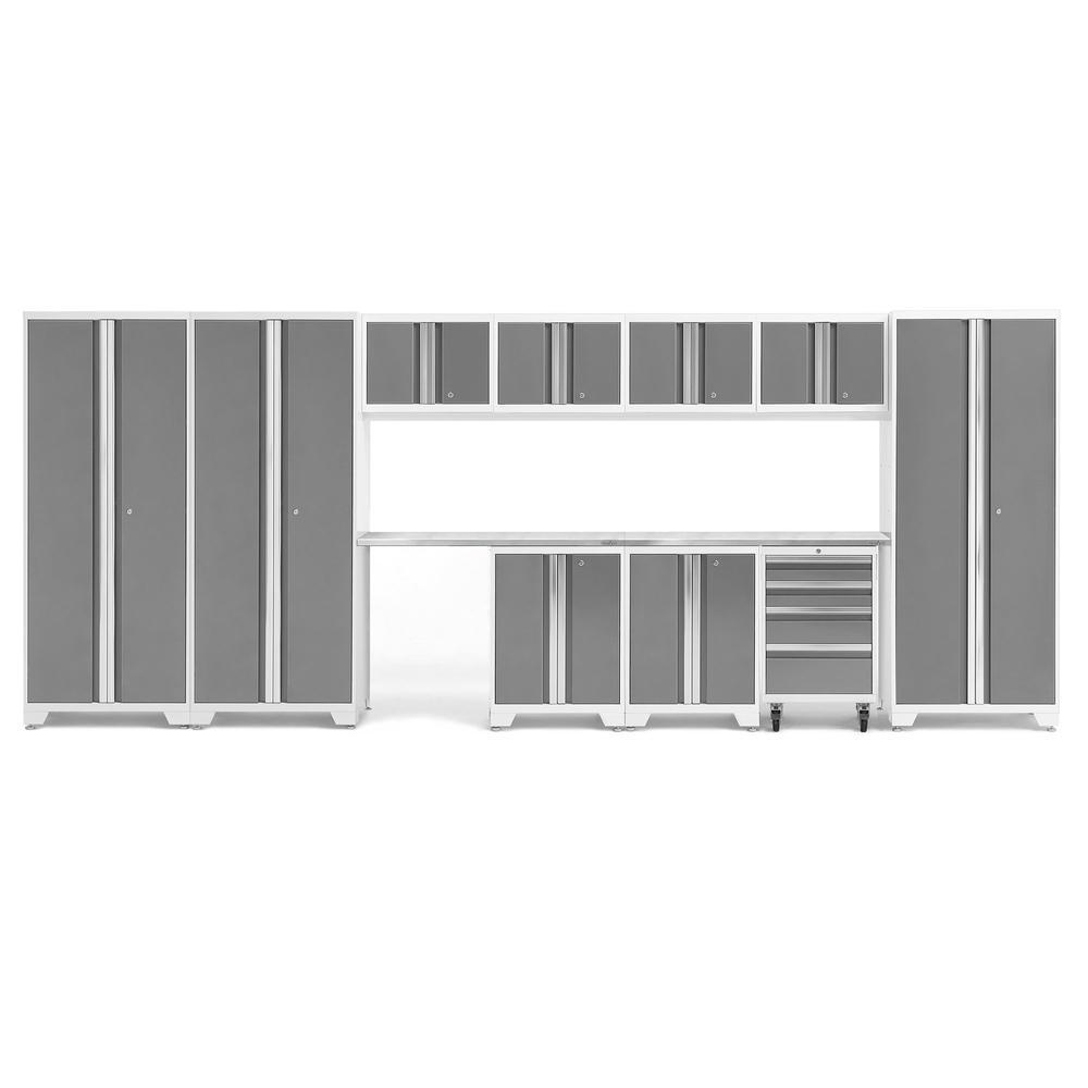 Newage Products Bold 3.0 Series 12-Piece Garage Cabinet Set With 3X Multi-Use Lockers, Platinum / Stainless Steel Worktop / None