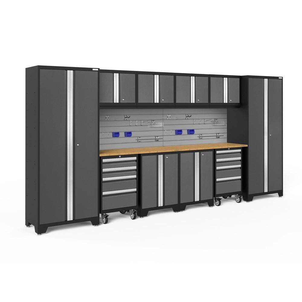 Newage Products Bold 3.0 Series 12-Piece Garage Cabinet Set With 2X Rolling Tool Cabinets, Grey / Bamboo Worktop / Slatwall Backsplash + 12-Piece Hook Kit
