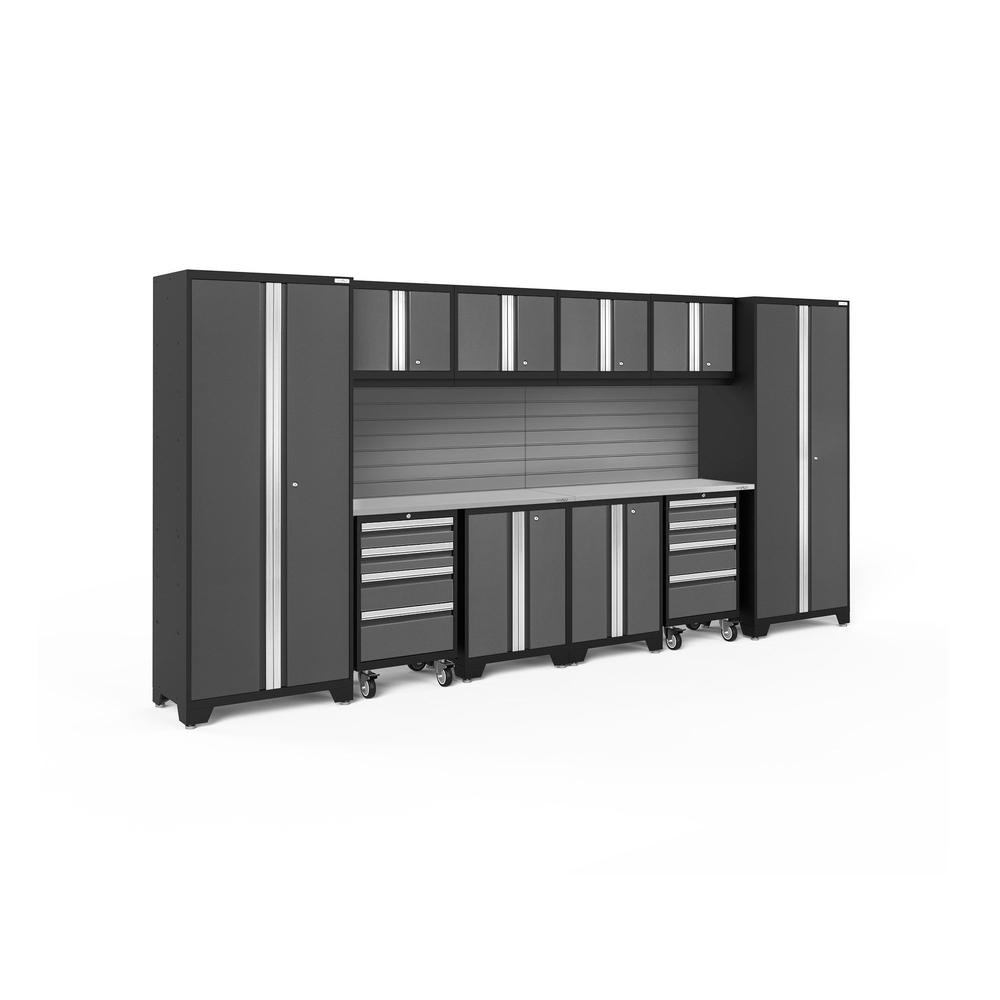 Newage Products Bold 3.0 Series 12-Piece Garage Cabinet Set With 2X Rolling Tool Cabinets, Grey / Stainless Steel Worktop / Slatwall Backsplash