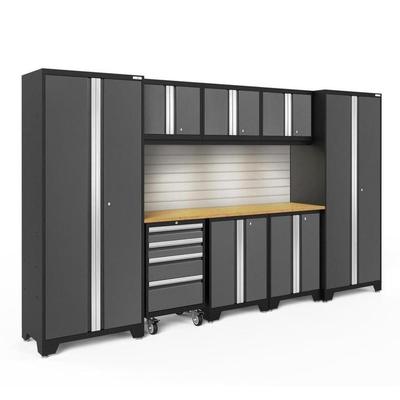 Newage Products Bold 3.0 Series 9-Piece Garage Cabinet Set, Grey / Bamboo Worktop / LED Lights + Slatwall Backsplash