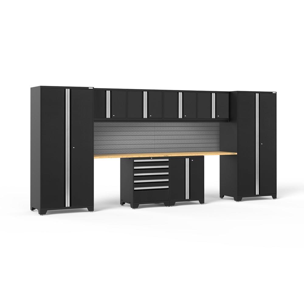 Newage Products Pro 3.0 Series 10-Piece Garage Cabinet Set With 2-Door Base Cabinet, Black / Bamboo Worktop / Slatwall Backsplash