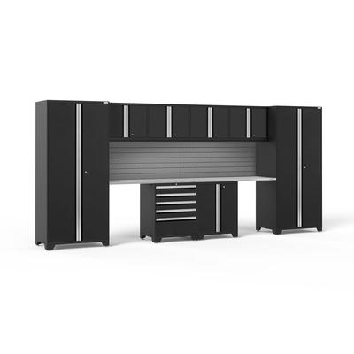 Newage Products Pro 3.0 Series 10-Piece Garage Cabinet Set With 2-Door Base Cabinet, Black / Stainless Steel Worktop / Slatwall Backsplash
