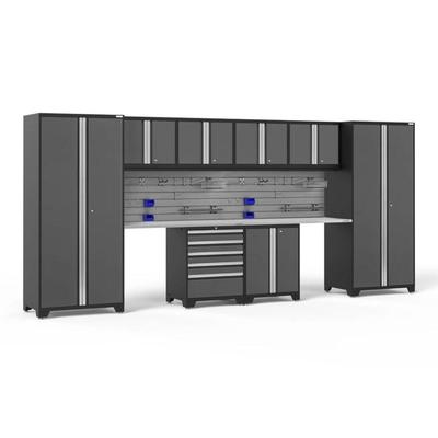 Newage Products Pro 3.0 Series 10-Piece Garage Cabinet Set With 2-Door Base Cabinet, Grey / Stainless Steel Worktop / Slatwall Backsplash + 12-Piece Hook Kit