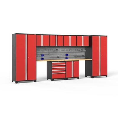 Newage Products Pro 3.0 Series 10-Piece Garage Cabinet Set With 2-Door Base Cabinet, Red / Bamboo Worktop / Slatwall Backsplash + 12-Piece Hook Kit