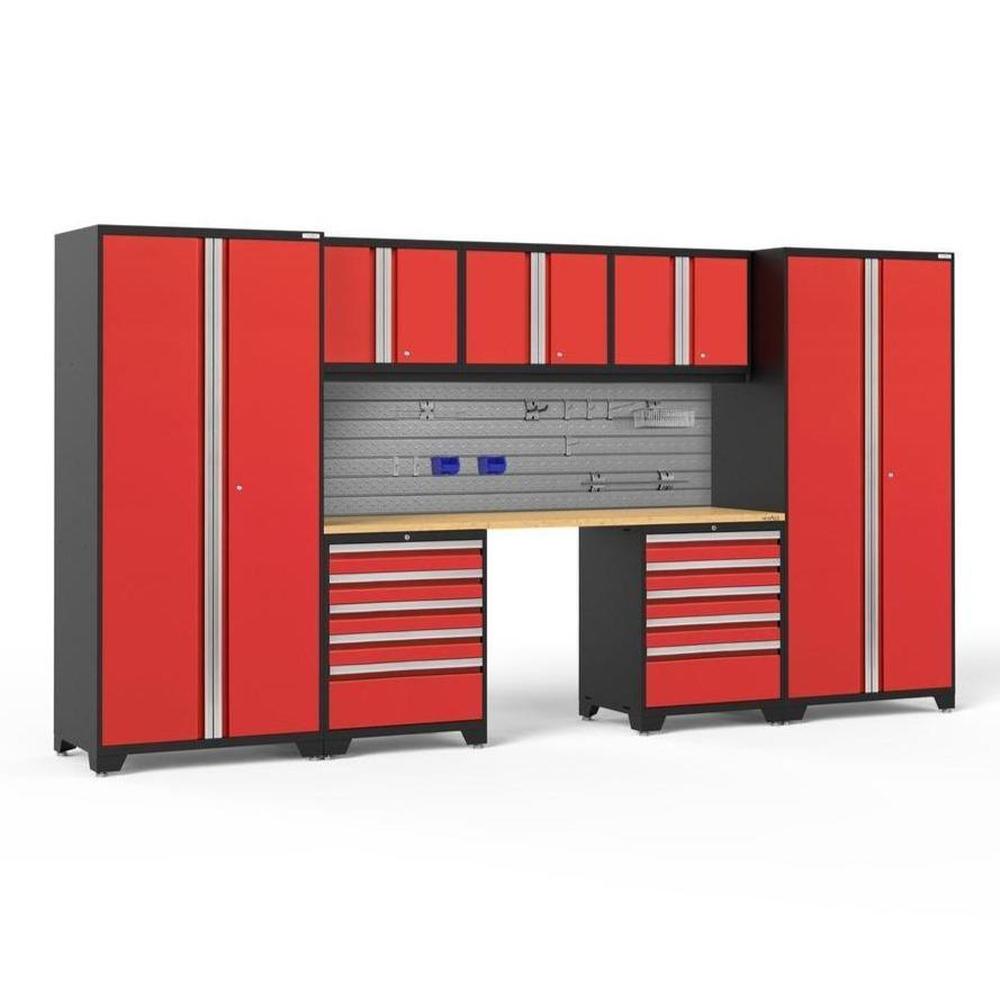 Newage Products Pro 3.0 Series 8-Piece Garage Cabinet Set With 2X 5-Drawer Tool Cabinets, Red / Bamboo Worktop / Slatwall Backsplash + 12-Piece Hook Kit