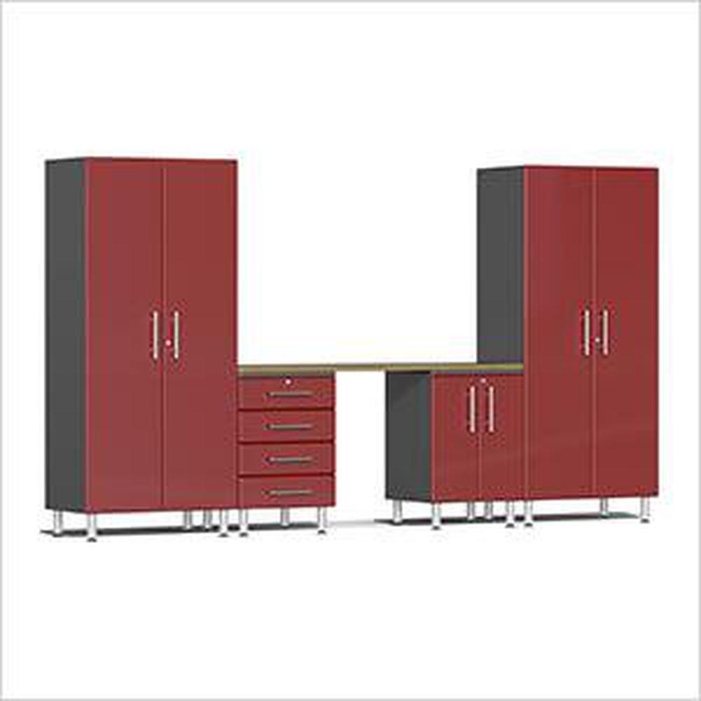 Ulti-MATE Garage Workbench With Drawers, 5-Piece With Base Cabinet And 4-Drawer Base Cabinet, Ruby Red
