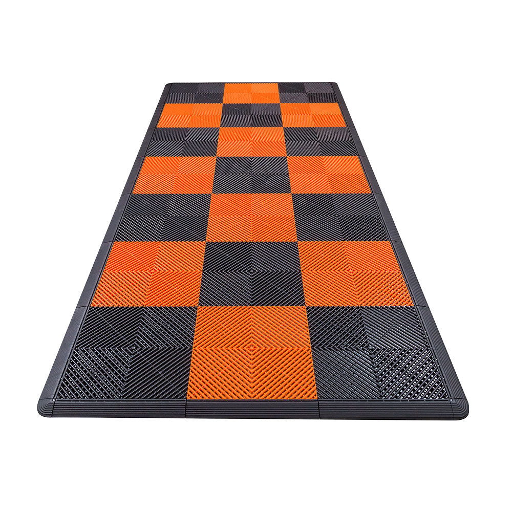 Swisstrax Motorcycle Garage Floor Mat In Ribtrax Pro Tiles (Checkered - Black, Orange)