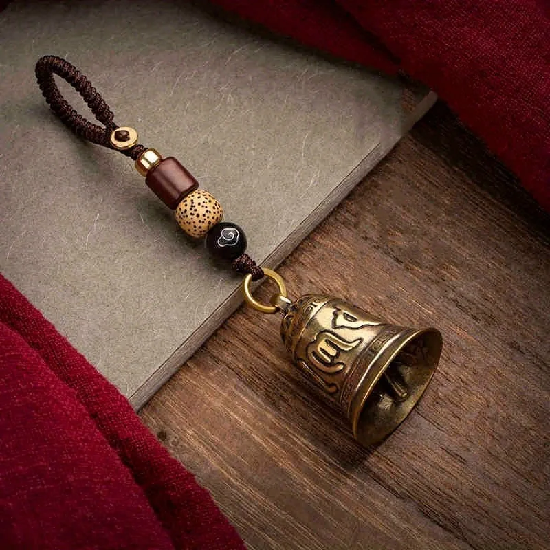 1pc Vintage Messing Tibetischen Buddhismus Sechs-wort Mantra Glocke Schlüsselanhänger Lanyard Anhänger Handgemachte Seil Auto Schlüssel Kette Ringe hängen Image