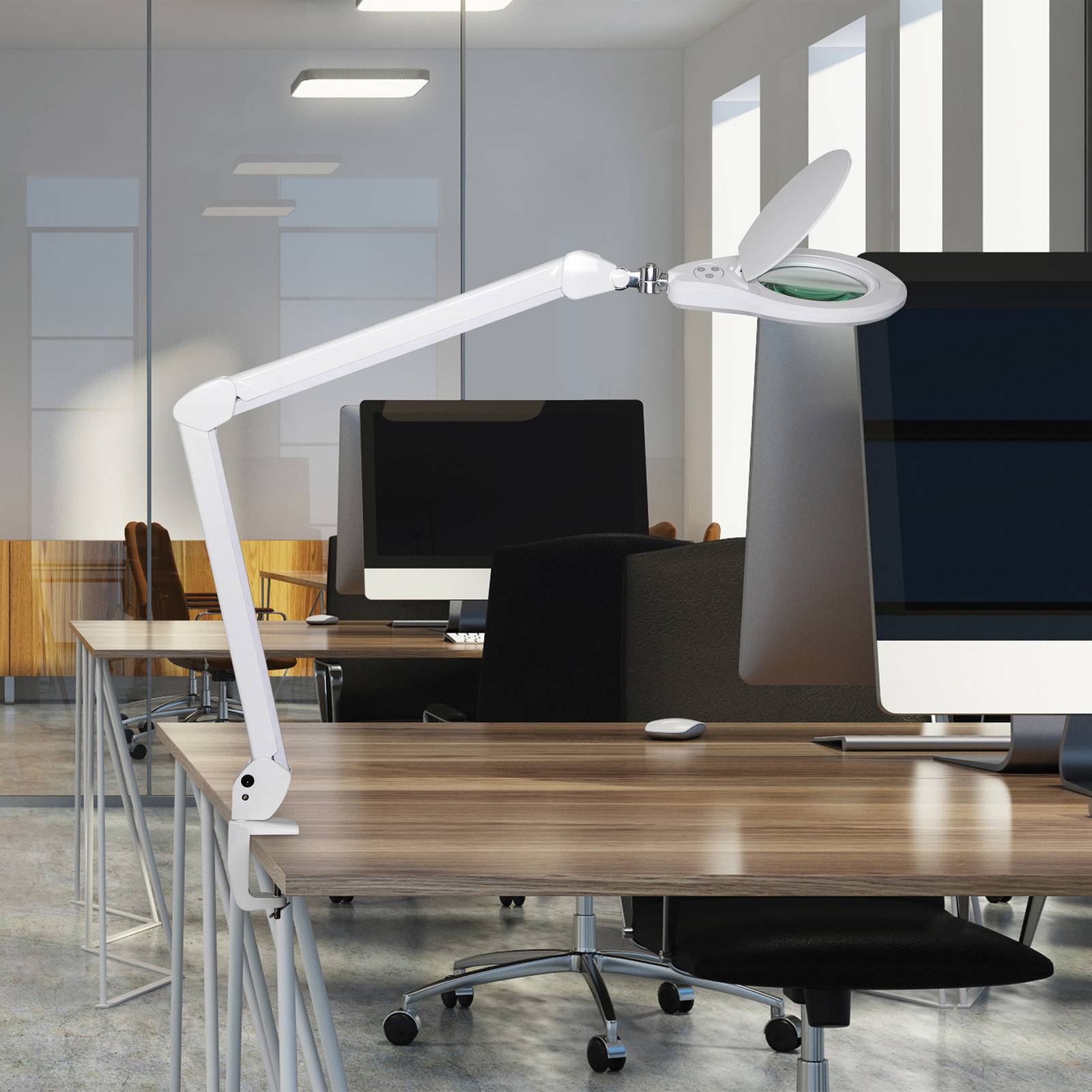 Maul LED-Lupenleuchte MAULsource, weiß, 51 cm, dimmbar, weiß / opal, für Arbeitszimmer / Büro, Kunststoff, Modern, Klemmleuchte