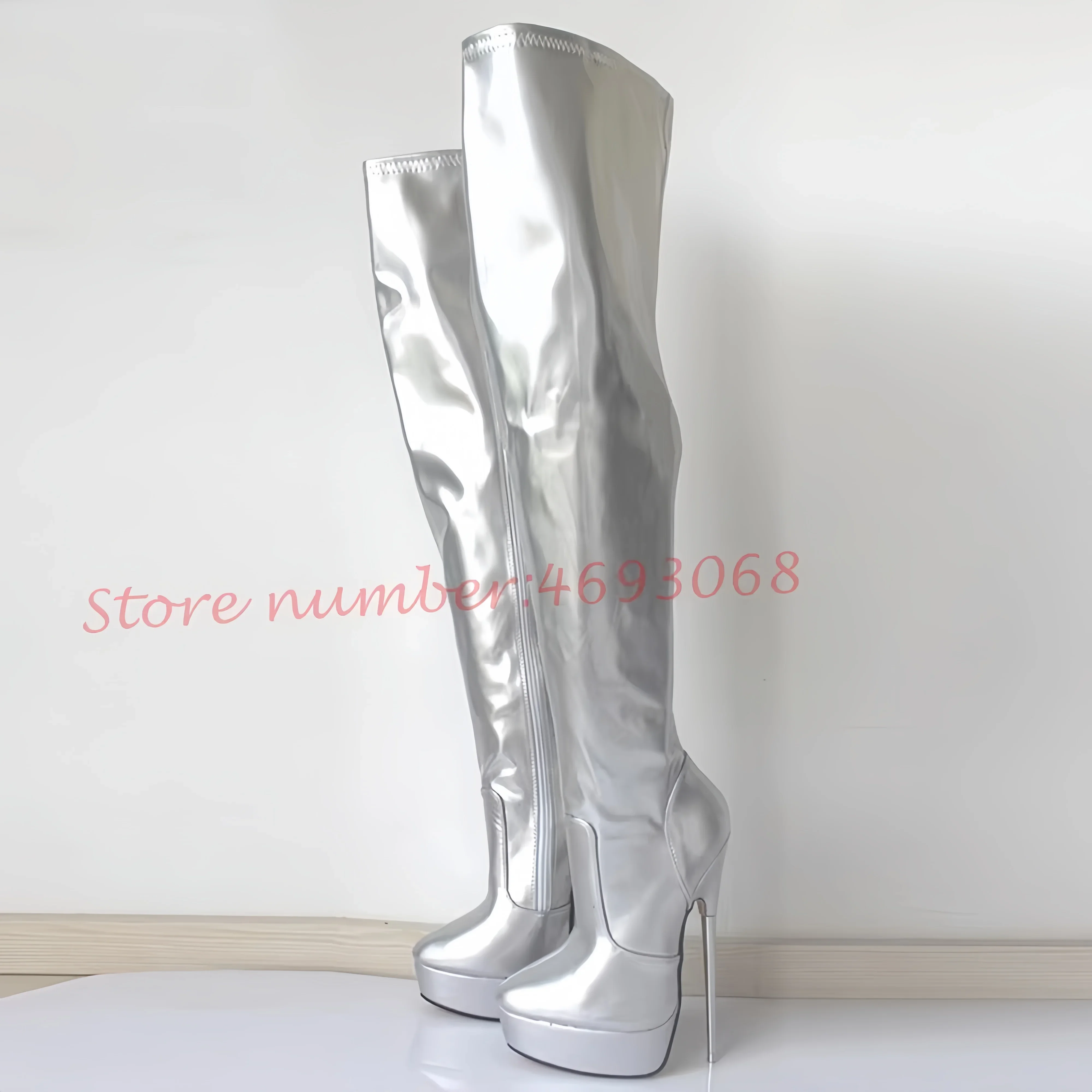 Silber Extreme Metall Heels Plattform Lange Stiefel 18 cm Frau Sexy Runde Kappe Patent Leder Oberschenkel Hohe Stiefel Damen Solide sexy Schuhe