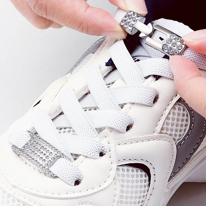 Silberne Diamant-Schnalle, elastische Schnürsenkel, Sneakers, Tennisschnürsenkel ohne Krawatte, Schnürsenkel ohne Krawatte, flache Schnürsenkel für Schuhe, Zubehör Image