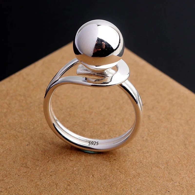 Sam Panda Schlichter Ring aus 925er-Sterlingsilber für Damen, edler Schmuck, Finger, verstellbar, offen, Vintage, großer Kugelring für Party, Geburtstag