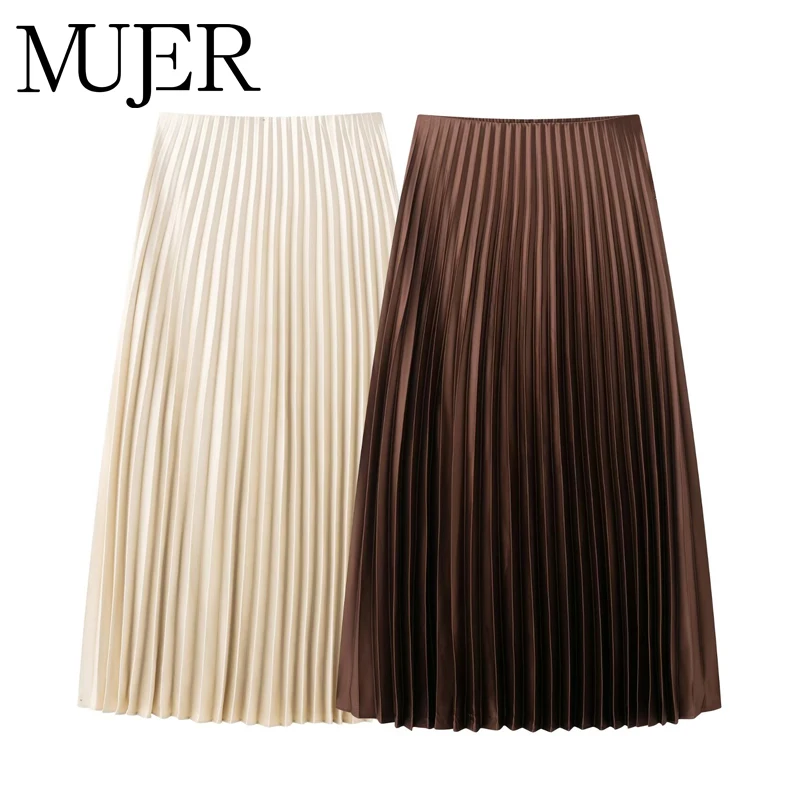 MUJER jupes longues plissées pour femme 2025 jupe Midi en Satin drapé femmes printemps taille moyenne jupes pour femmes Vintage fête femme jupe
