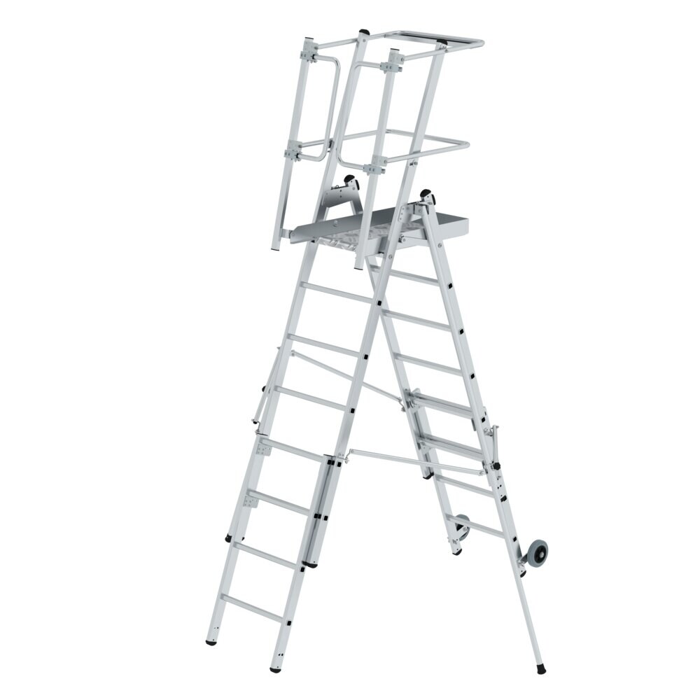 PROREGAL Plattformleiter FlexxStep | 6 Sprossen | mit Teleskopaufsatz plus 2 Sprossen & beidseitigem Handlauf | Aluminium | Rutschsichere Leiterschuhe Image