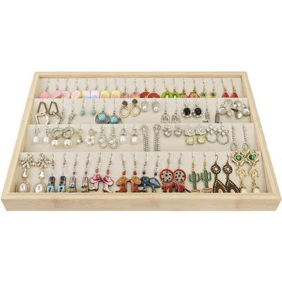 2 Pcs Set Bamboo Earrings Tray, Jewelry Tray Display for 30 Earrings Storage Display with Beige Suede - S