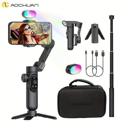 TEMU Aochuan Professional 3-axis Gimbal For Smartphone W/rgb Fill Light Extension Rod Oled Display Wireless Charging For Iphone 15/14/13 Pro Max, For Galaxy S22 (smart X Pro Combo1)