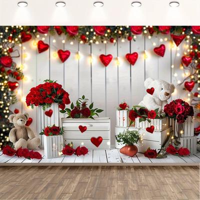 TEMU 1pc Rustic Polyester Valentine's Day Backdrop With Red Roses, Balloons & Wooden Crate Decor â€“ Ideal For Housewarming, Anniversary & Celebrations â€“ No Electricity Needed