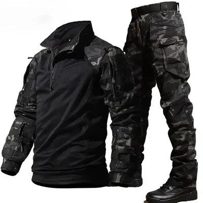 Outdoor Suit Men Outdoor Durable Breathable T-shirt Pants Mens Army Sets Training Hunting Suits Multiple Pockets Camo 2 Pcs