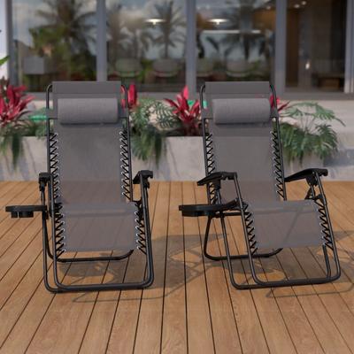 Flash Furniture Adjustable Folding Mesh Zero Gravity Reclining Lounge Chairs With Pillow And Tray, Gray/black, Set Of 2 Chairs