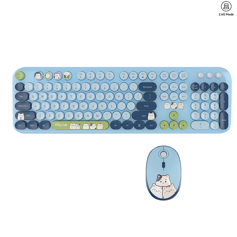 Drahtlose Tastatur-Maus-Kombination in voller Größe, 104 Tasten, Retro-süßes Katzen-Design, Plug-and-Play-Tastatur-Maus-Set für Windows 7/8/10/XP Image