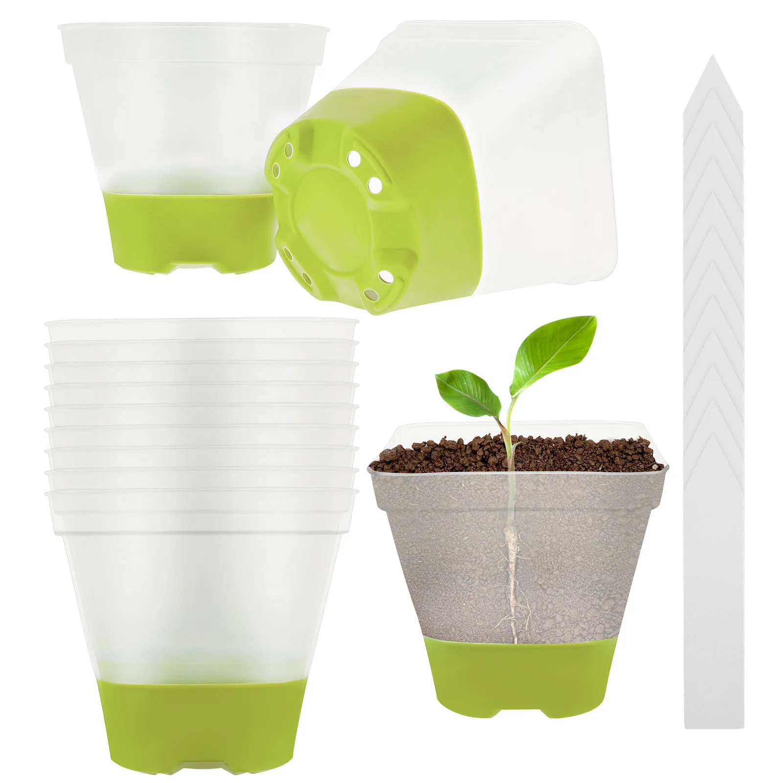 12-teilige Pflanzentöpfe mit Luftfeuchtigkeitskuppel und Etiketten, Entwässerungsloch, Blumentopf, Kunststoff-Wachstumsbox für Gartenpflanzen, Transplantation Image