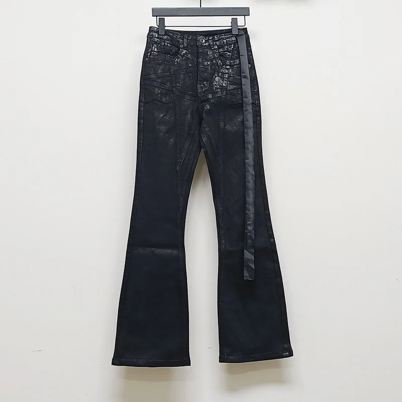 Owen Seak Herren Oil Wax Jeans Classic Denim Gothic Herren beschichtete lässige Schlaghose High Street Solid Designer Luxushose Image