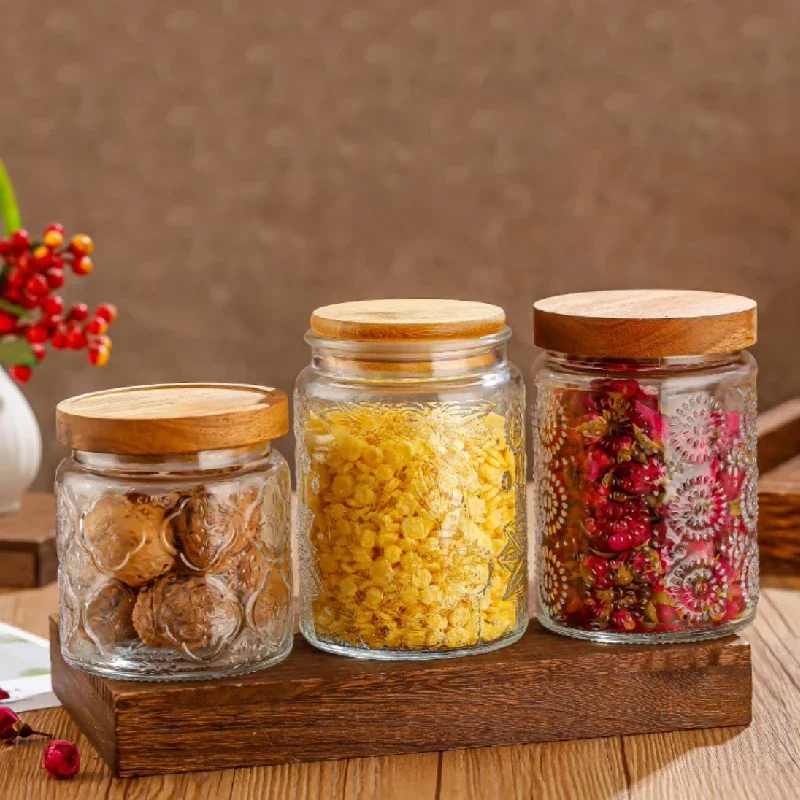 Transparente Glas Lagerung Jar Retro Relief Haitang Muster Glas Glas Versiegelt Glas Haushalt Runde Glas Flasche Süßigkeiten Lagerung Box