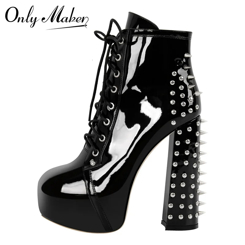 Onlymaker Damen-Stiefeletten mit Plateau-Nieten, Metallschnallen, Schnürung, klobiger Absatz, große Größe, Punk-Stiefel mit Blockabsatz Image