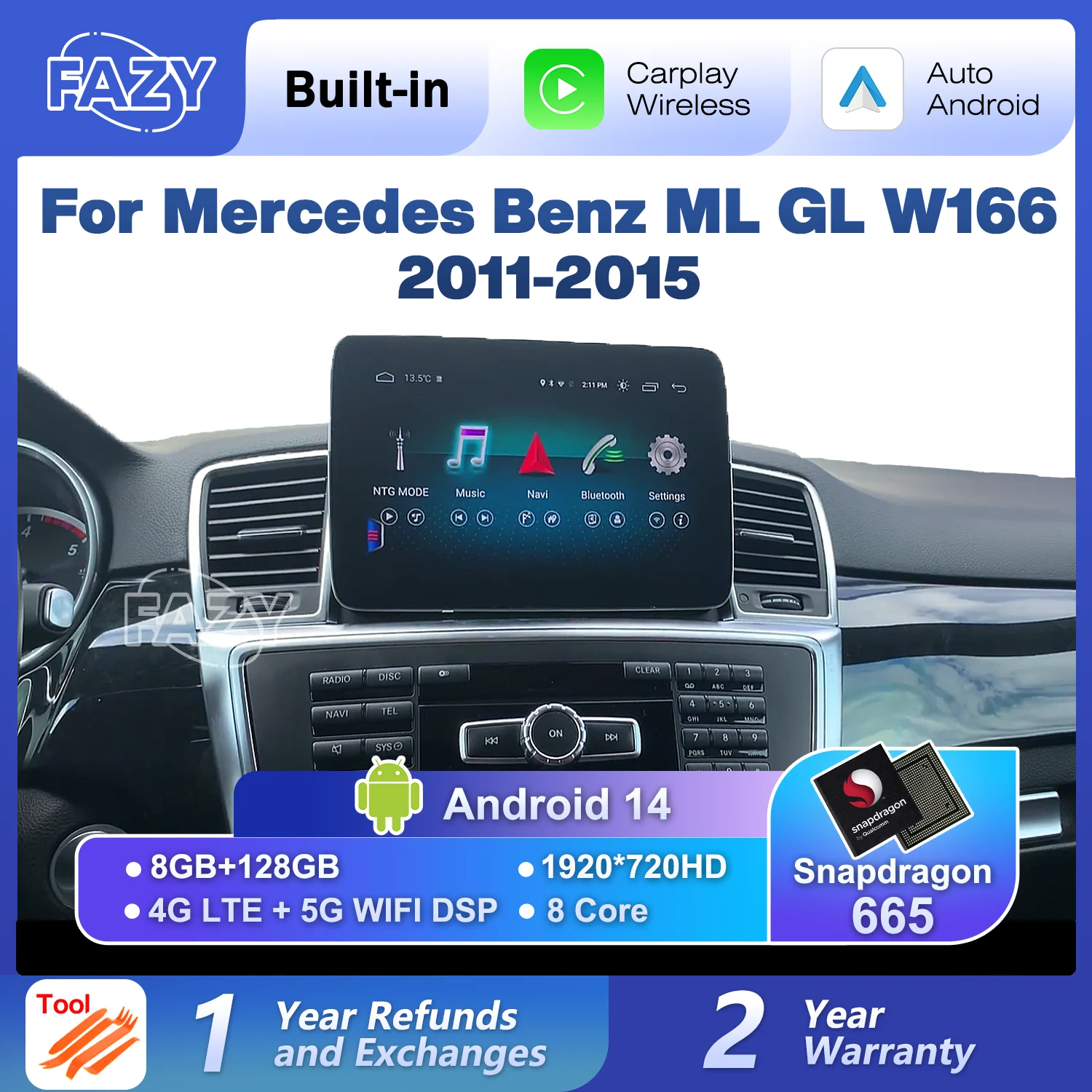 Android 14 Auto Carplay Touchscreen für Mercedes Benz ML GL W166 X166 2011-2015 Auto Video Radio GPS Navigation Stereo 4G WIFI Image
