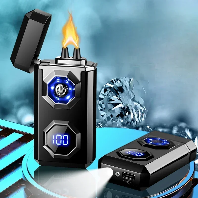 Neues großes Flammen-Elektrobogen-Metallfeuerzeug, winddichte LED-Beleuchtung, Leistungsanzeige, Zündanzeige, Schnelllade-Zündgeräte Image