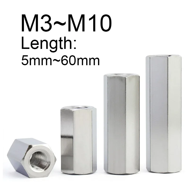 1 ~ 3 Stück lange Sechskantmutter 304 Edelstahl M3 M4 M5 M6 M8 M10 Verbindung Gewindemuttern Double Pass Sechskantbolzen Image