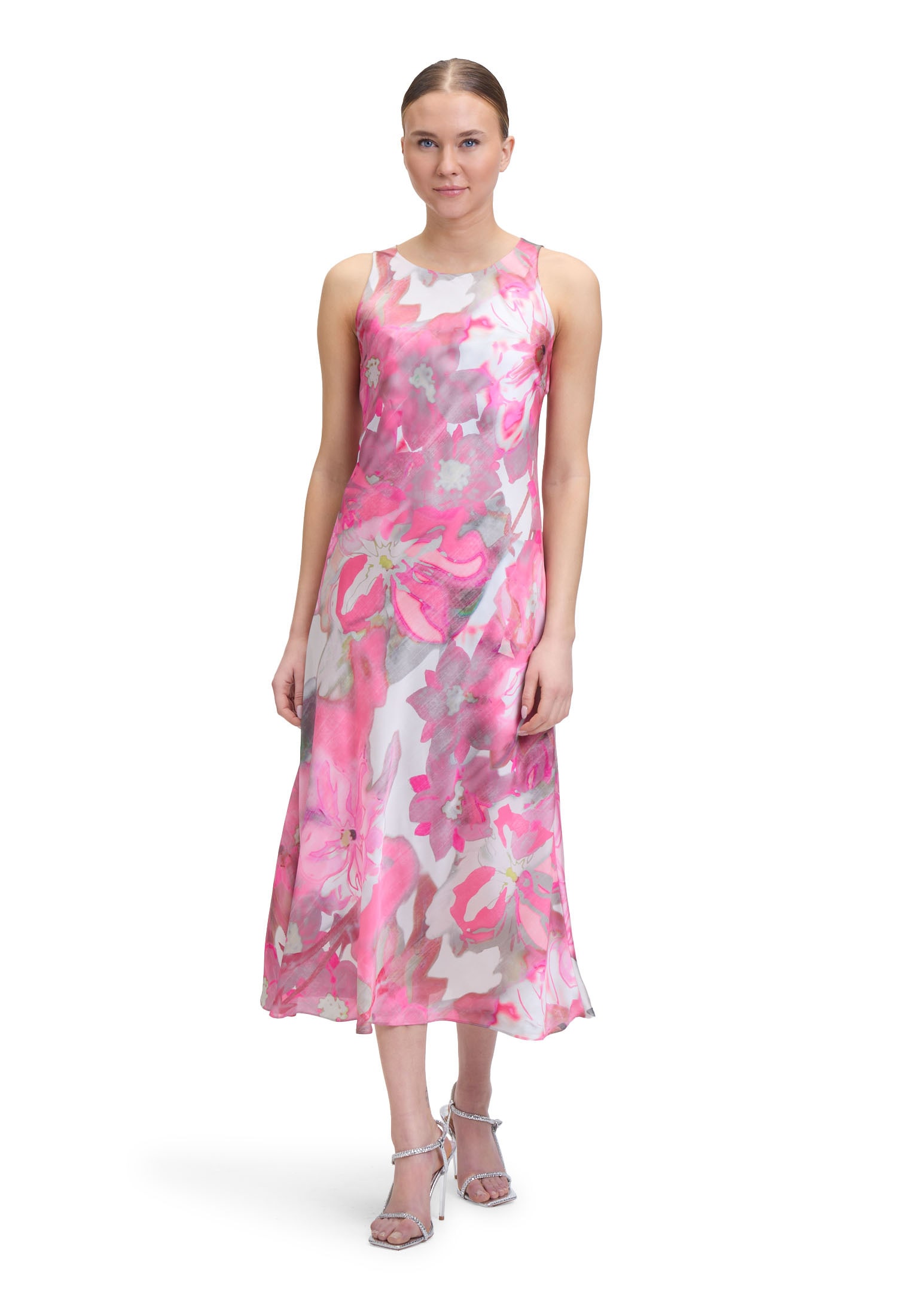 Cocktailkleid VERA MONT "Damen Cocktailkleid mit Rundhalsausschnitt", Damen, Gr. 40, Normalgrößen, pink (cream, pink), Satin, Obermaterial: 100% Polyester recycelt. Futter: 100% Polyester., festlich, figurumspielend lang, Rundhals, Kleider, Druck Image