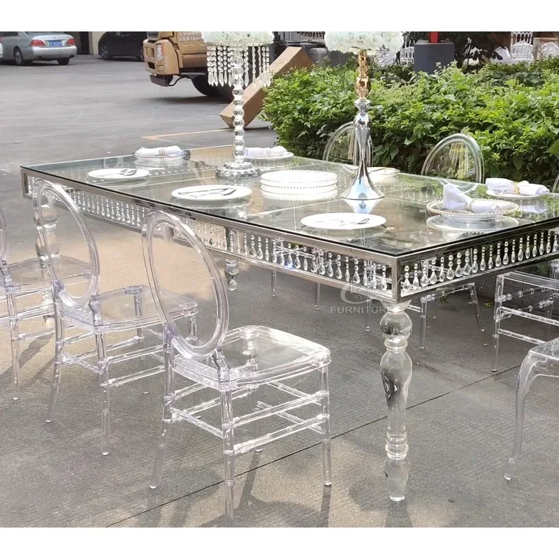 Transparenter rechteckiger Edelstahlrahmen für Hochzeiten, Acryl, Bankett, klarer Esstisch mit Beinen Image