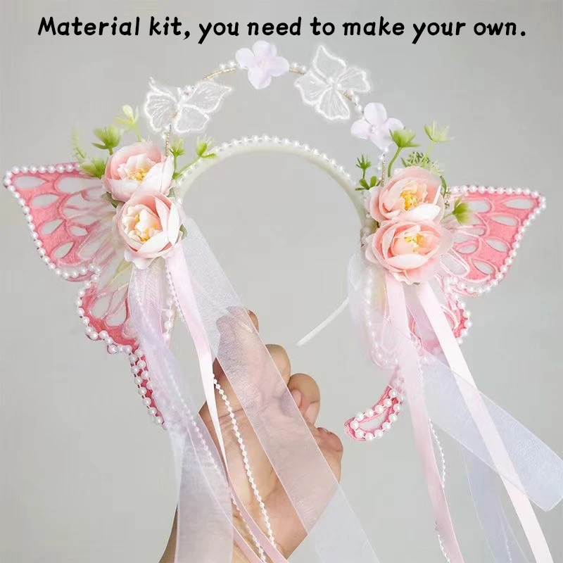 Schmetterlings-Perlen-Blumen-Stirnband – handgefertigter DIY-Simulationskranz, Haarschmuck für Mädchen, Party- und Hochzeitsaccessoires Image