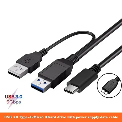USB 3.0 Tragbares Festplatten-Datenkabel Typ C auf Dual-USB-Stromversorgung, mechanisches Festplatten-Micro-B-USB 3.0-Kabel Image