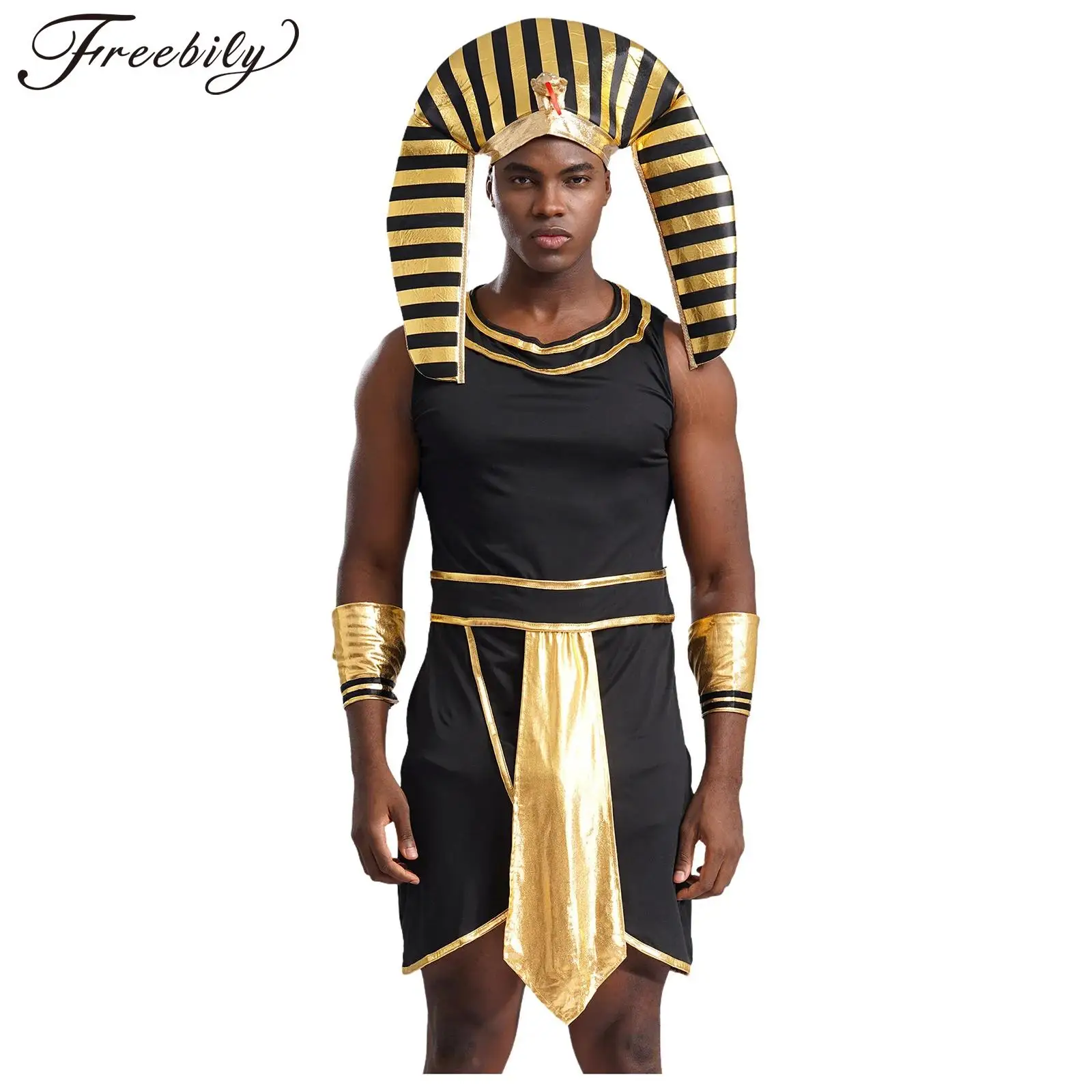 Herren Halloween Ägyptischer Pharao König Cosplay Kostüm Ärmelloses Reißverschlusskleid mit Manschetten Schlangenkopf Hut Altes Ägypten Kleidung Image