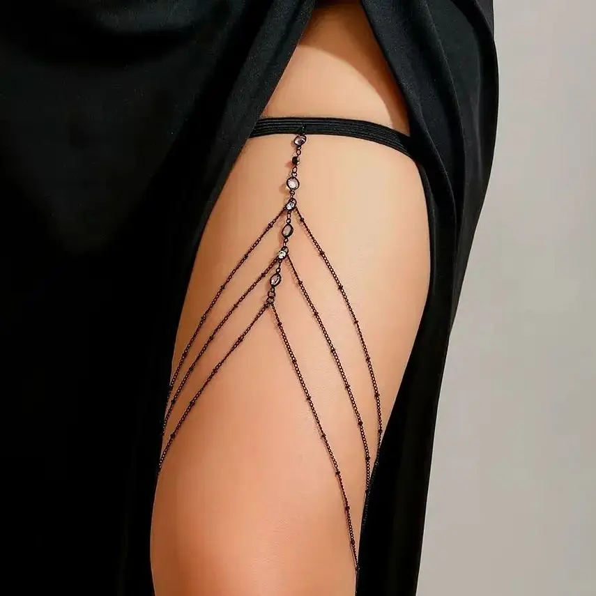 Ingemark Goth Multilayer Quaste Bein Oberschenkel Kette für Frauen Trendy Elastische Band Kristall Link Sommer Körper Schmuck Kleid Zubehör Image