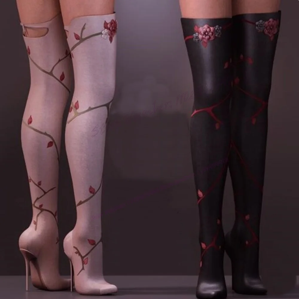 Rosa Schnur Blume Dekor Stiefel über dem Knie spitzen Zehen Schuhe für Frauen Stilettos High Heels sexy Schuhe Zapatos Para Mujere