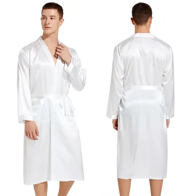 Weiß Einfarbig Langarm Chinesische Männer Rayon Roben Kleid Neue Männliche Kimono Bademantel Image