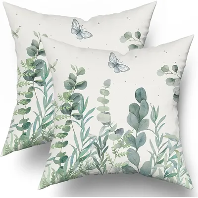 Eukalyptus blätter Kissen bezüge 18x18 Zoll Satz von 2 Salbei grün Blatt Schmetterling Kissen bezüge Image
