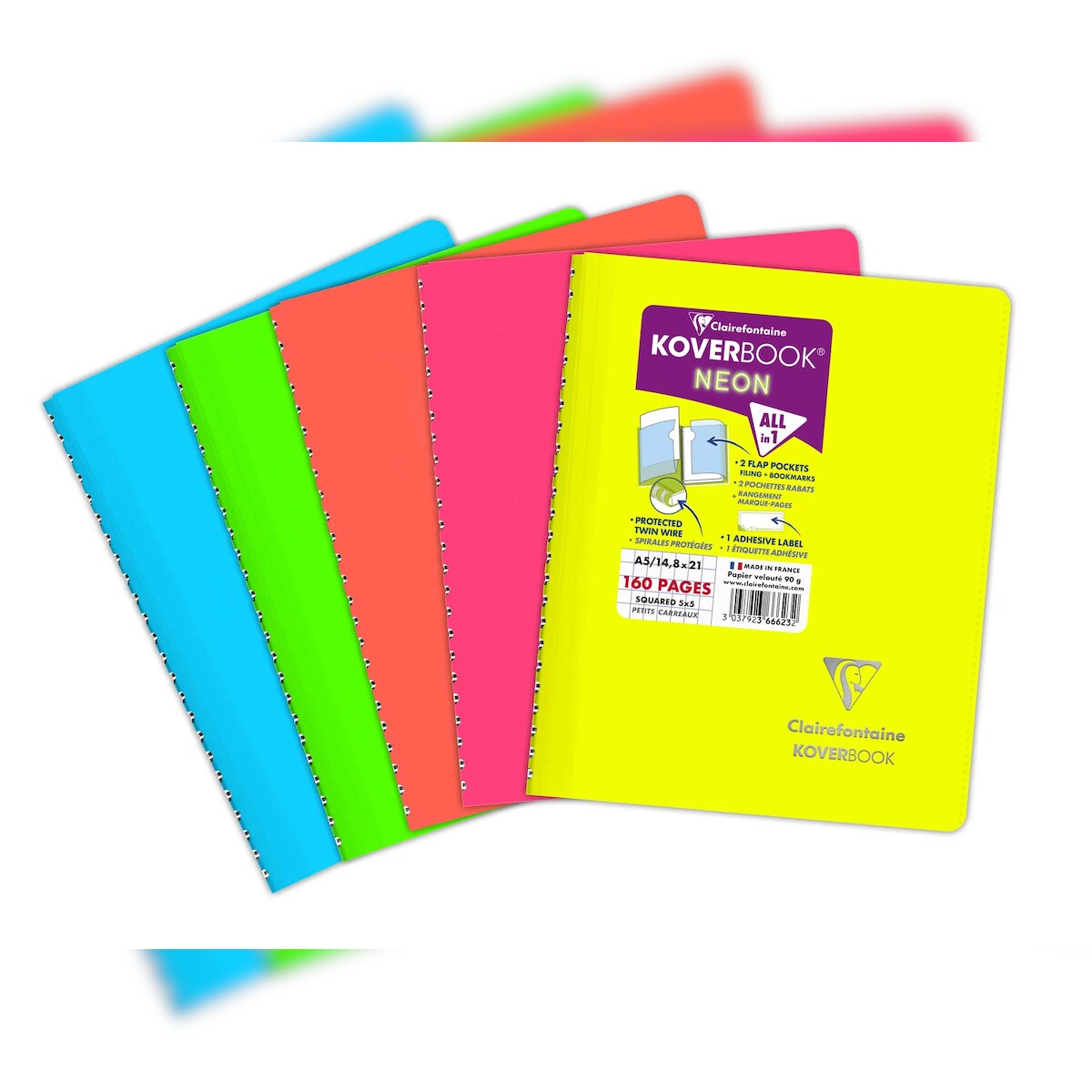 Clairefontaine 5x Koverbook Neon Spiralbuch A5, 80 Blatt 90g, kariert, Einband aus opakem Polypropylen - Sortiert 366623C Image