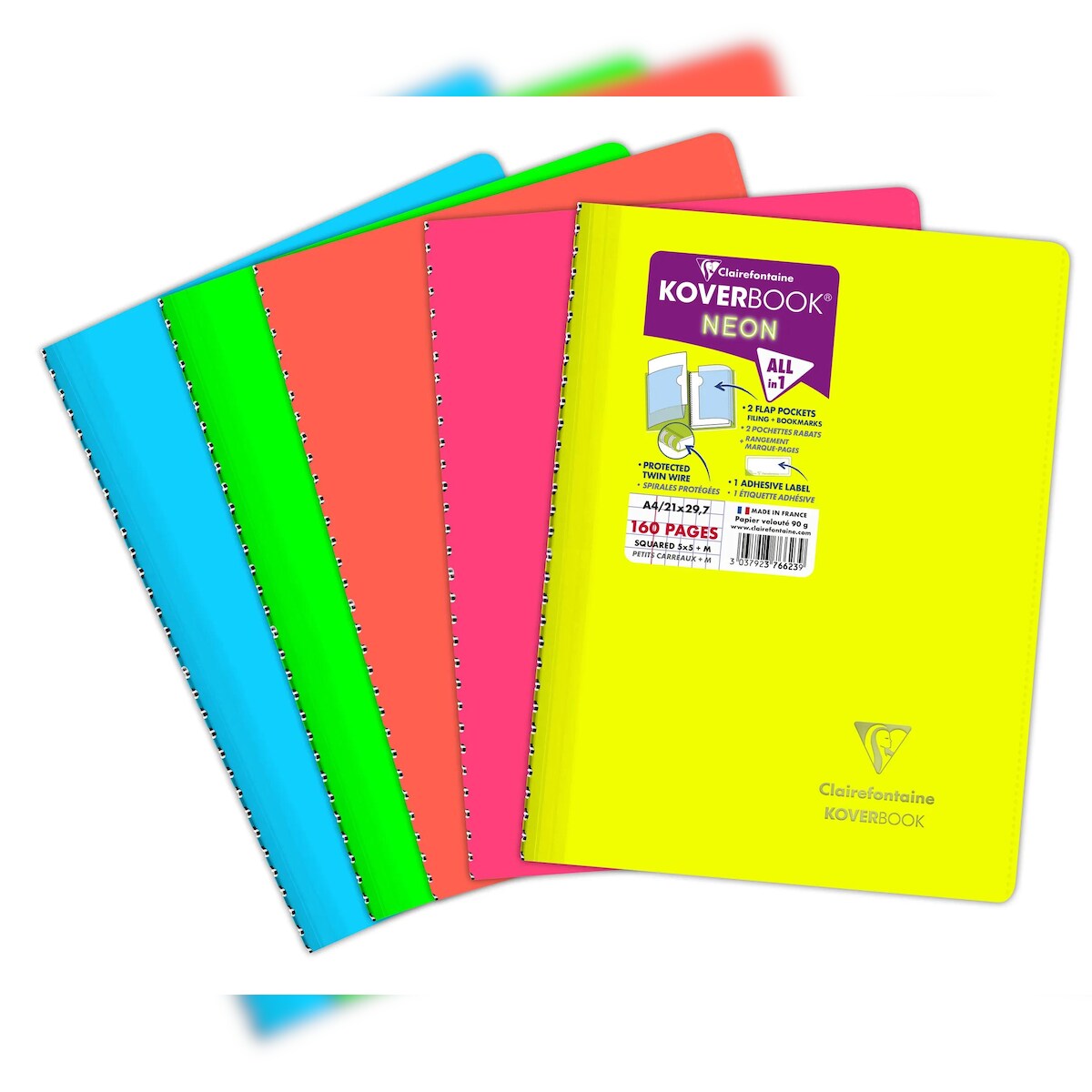 Clairefontaine 5x Koverbook Neon Spiralbuch A4, 80 Blatt 90g, kariert mit Rand, Einband aus opakem Polypropylen - Sortiert 376623C Image