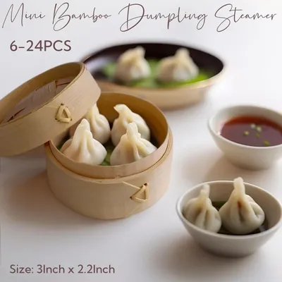 6-24PCS 3 Inch Mini Bamboo Dumpling Steamer With Lid Bamboo Dim Sum Steamers for Catering Wedding