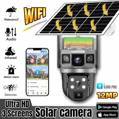 Solar Camera Outdoor 12MP 6K Triple Screen WIFI Wireless Network Monitor V380Pro IP66 PIR Human