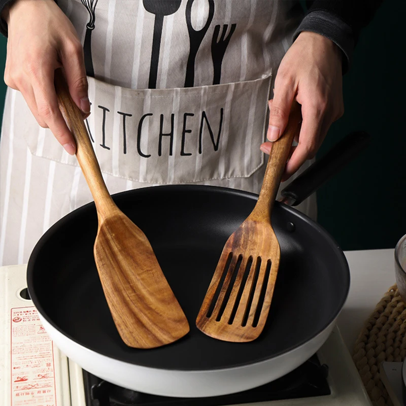 Ensemble de spatules en teck de 2 spatules en bois pour la cuisine, ustensiles de cuisine antiadhésifs à Long manche, ustensiles de cuisine à fente résistants à la chaleur