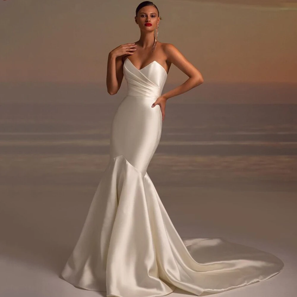 Abito da sposa classico a sirena senza spalline con scollo a v senza maniche abito da sposa in raso pieghettato abiti da sposa civili abito da sposa principessa