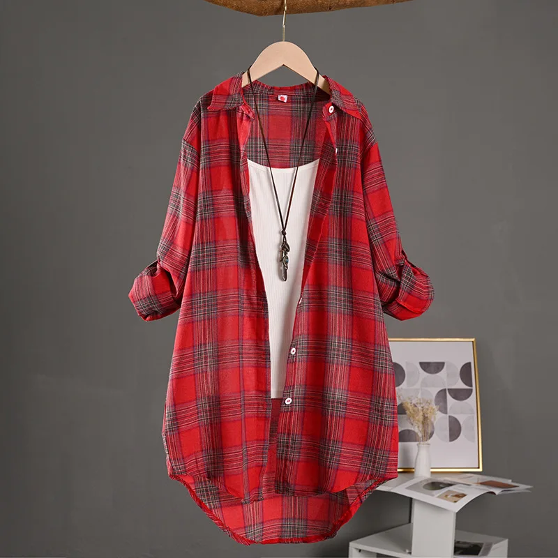Camicette di lino Camicia da donna con bottoni da donna Abbigliamento da donna in stile cinese Camicie vintage a maniche lunghe a quadri