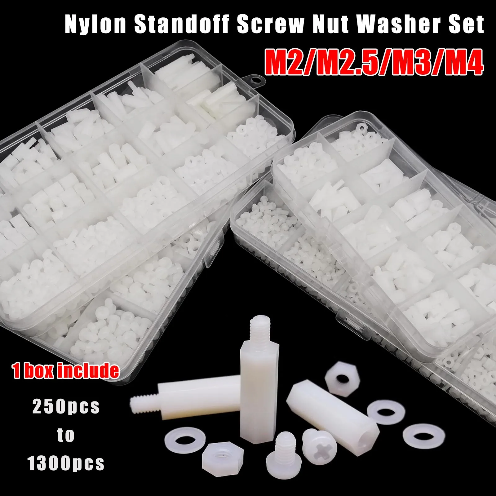 1 scatola M2 M2.5 M3 M4 plastica bianca nylon isolato esagonale standoff esagonale pilastro distanziatore colonna vite dado rondella assortimento kit set