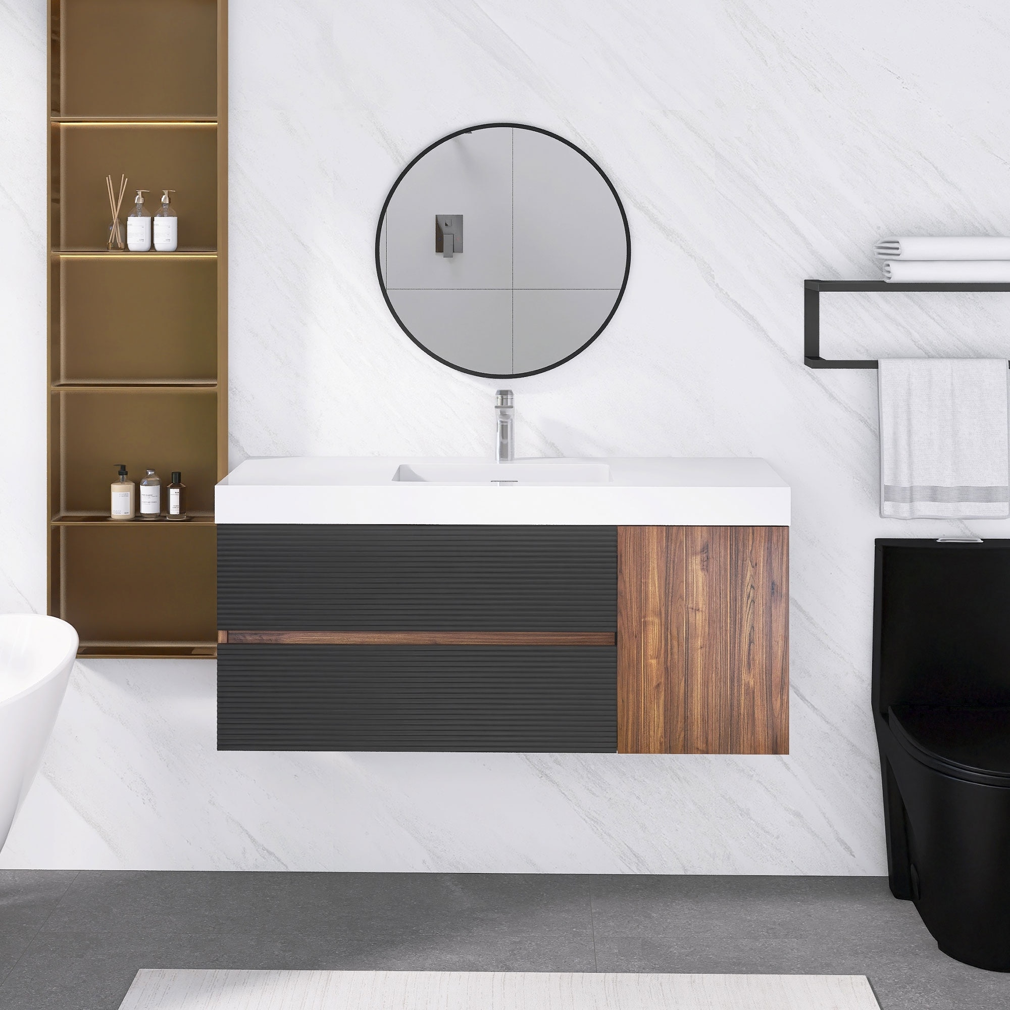 Wood Wall-Mounted Bathroom Vanity with Solid Surface Sink