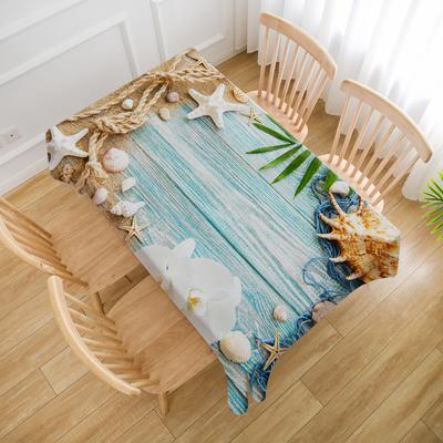 TEMU Ocean-inspired Polyester Tablecloth With Starfish & Shell Design - Living Room, Kitchen, And Outdoor Dining Parties